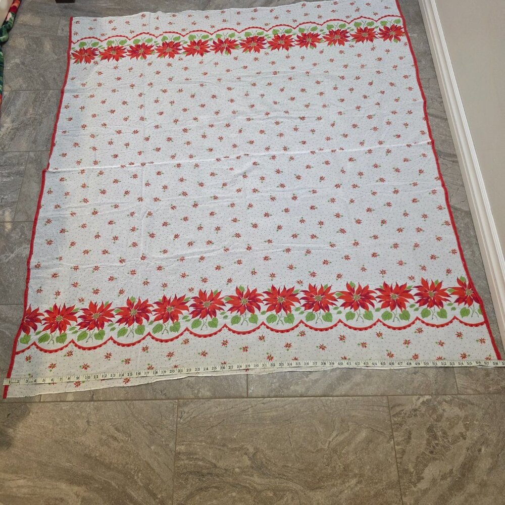 Vintage 50s Cotton Print Tablecloth Christmas poinsettia & Ribbons 63x63" Estate